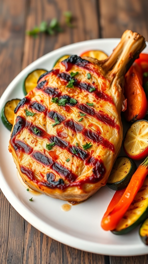 Grilled pork chop on a plate with herbs and grilled vegetables.